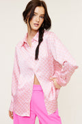 "Thinking About You" Light Pink Satin Retro Printed Button Down Top
