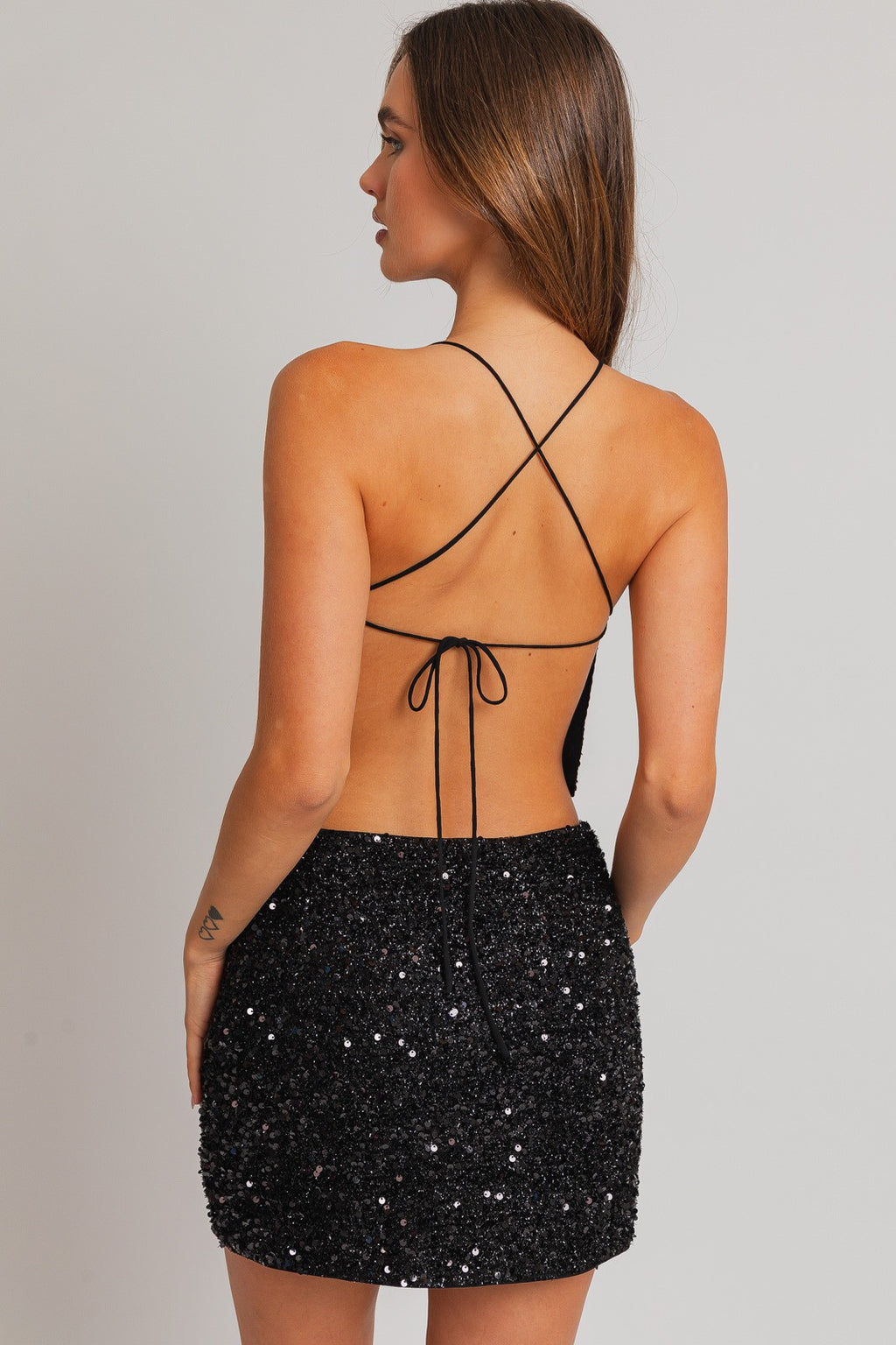 "New Year's Kiss" Black Halter Neck Sequin Top w/ Open Back Detail