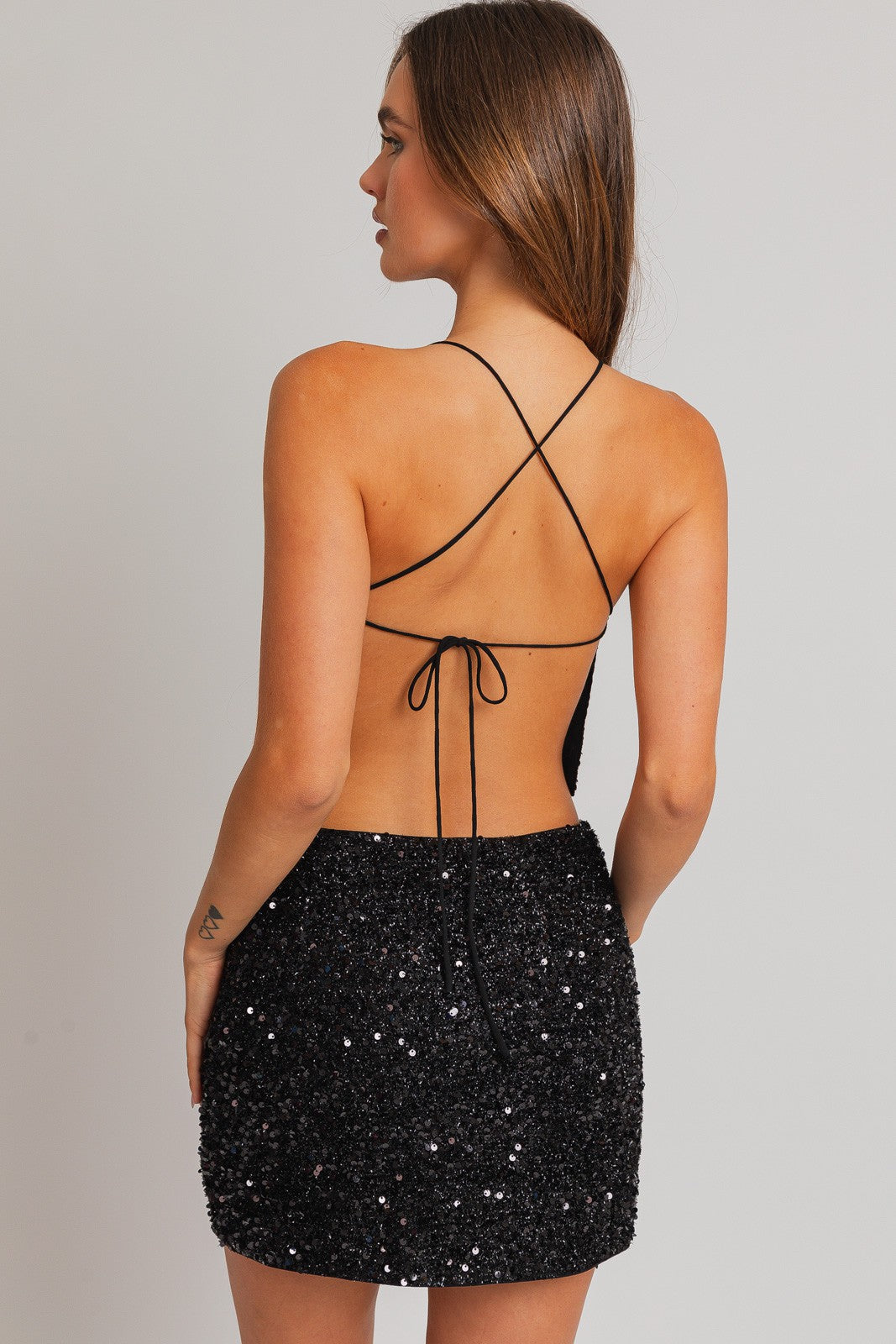 "New Year's Kiss" Black Halter Neck Sequin Top w/ Open Back Detail