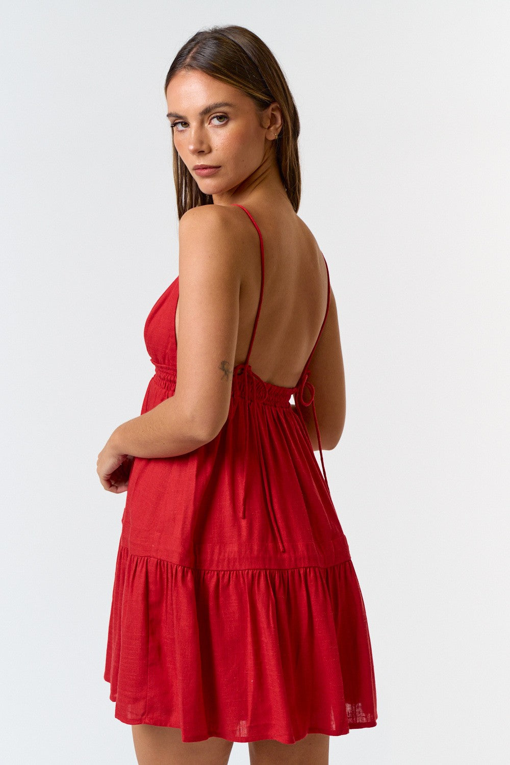 "July Love" Red Linen Flare Sundress