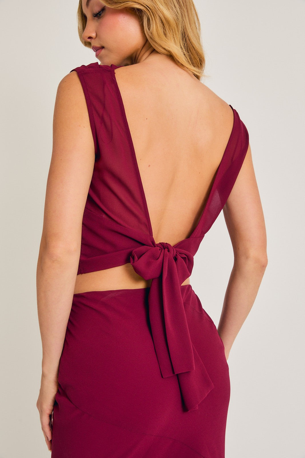 "December Magic" Burgundy Semi Cowl Neck Top & Asymmetrical Skirt Set