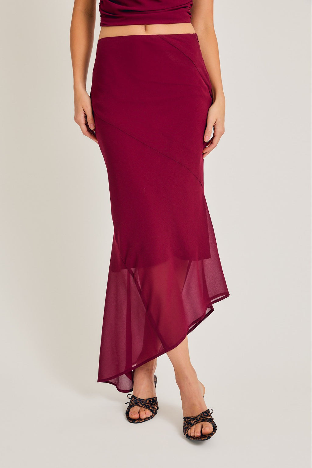 "December Magic" Burgundy Semi Cowl Neck Top & Asymmetrical Skirt Set
