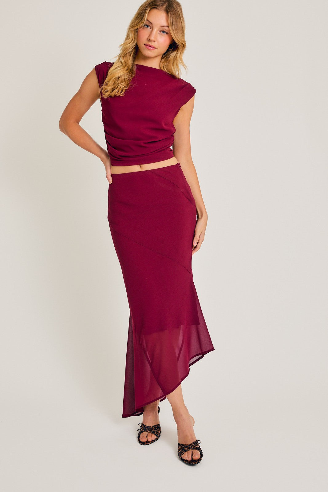 "December Magic" Burgundy Semi Cowl Neck Top & Asymmetrical Skirt Set