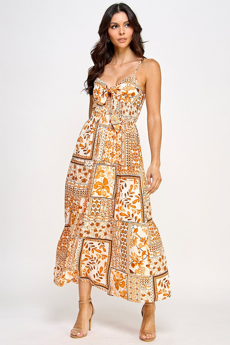 "Summer Spritz" Orange and White Floral Front Tie Maxi Dress