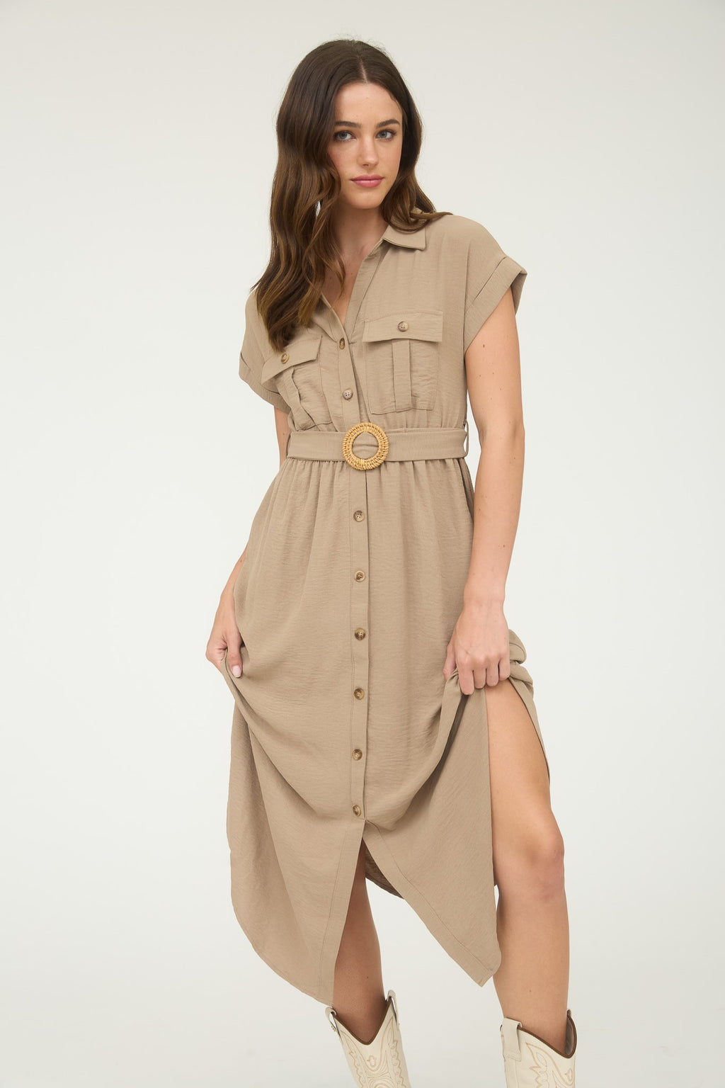 "Winery Tour" Collard Button Down Belted Midi Dress
