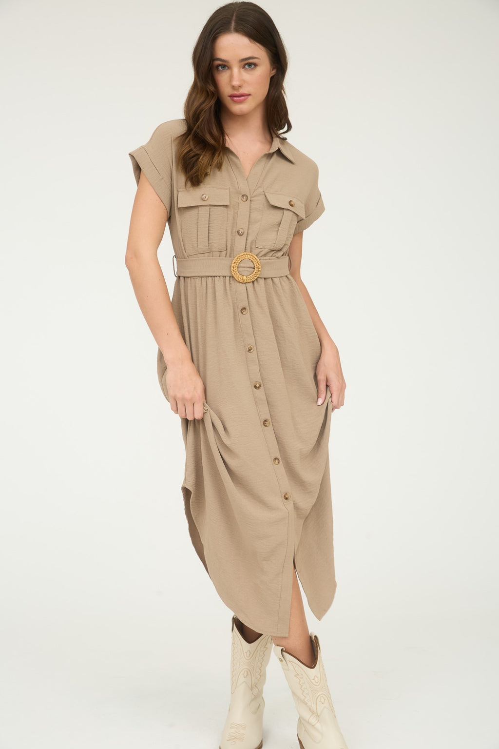 "Winery Tour" Collard Button Down Belted Midi Dress