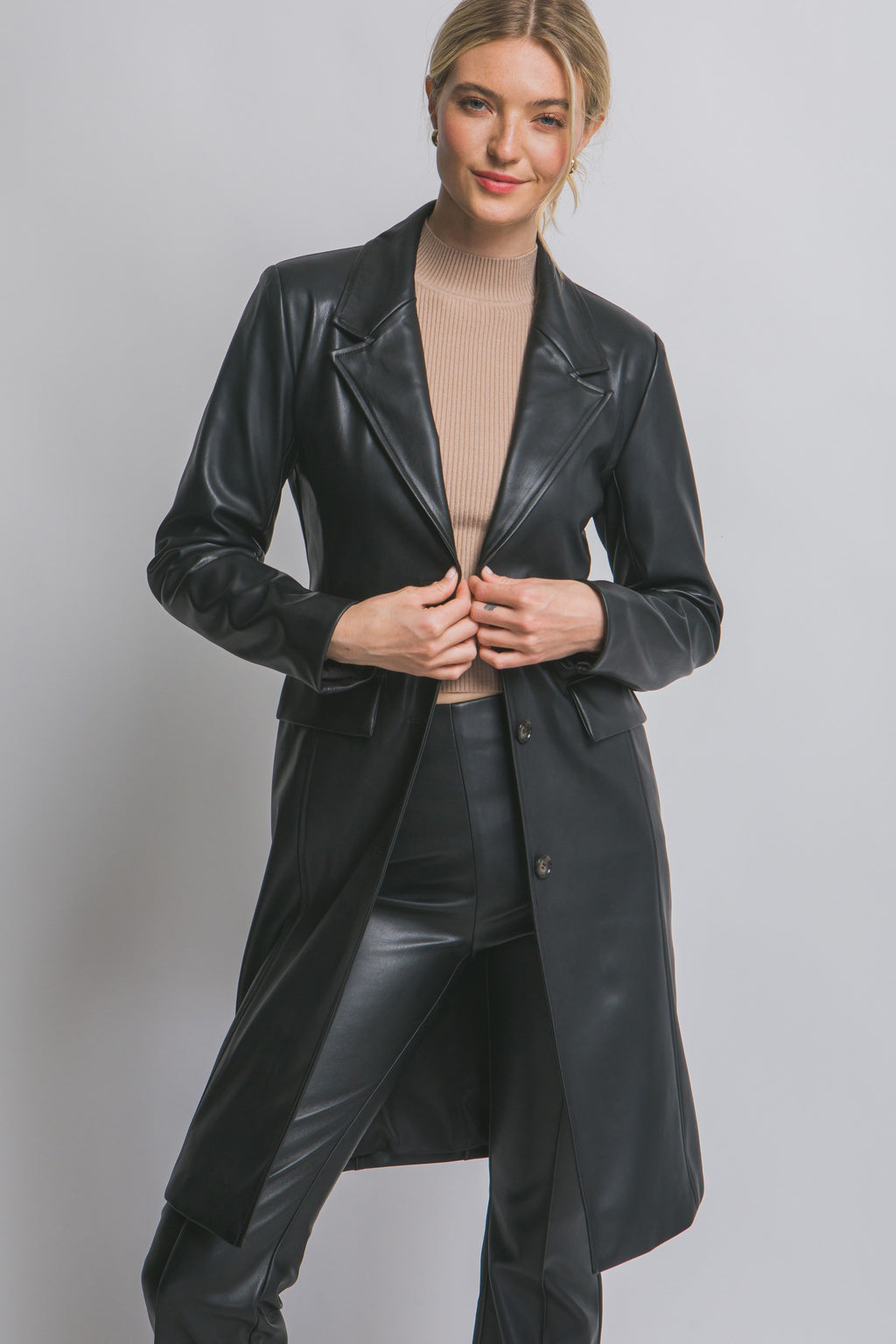 "Empire State" Black Faux Leather Trench Coat