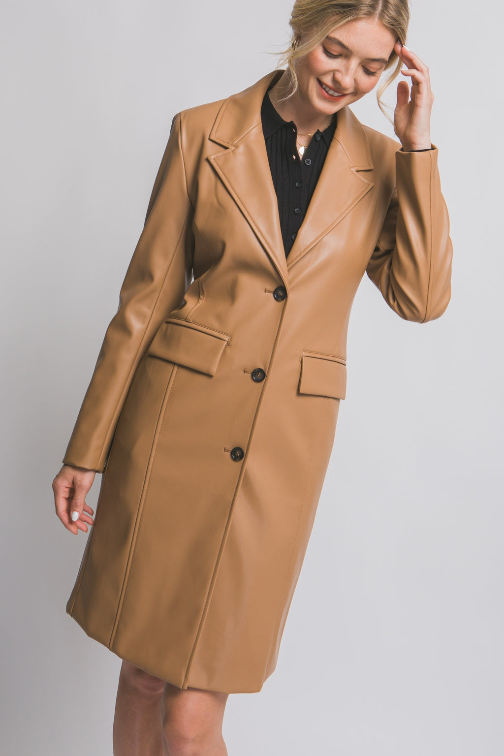 "Empire State" Camel Faux Leather Trench Coat