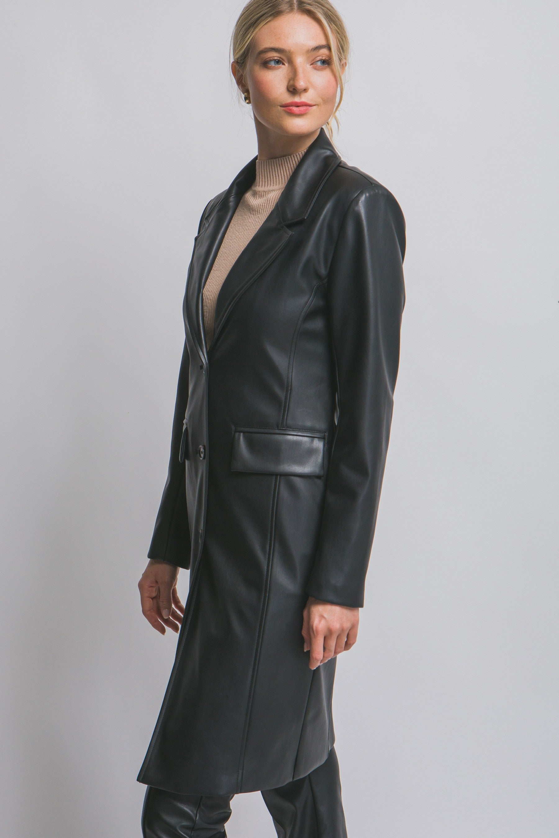 "Empire State" Black Faux Leather Trench Coat