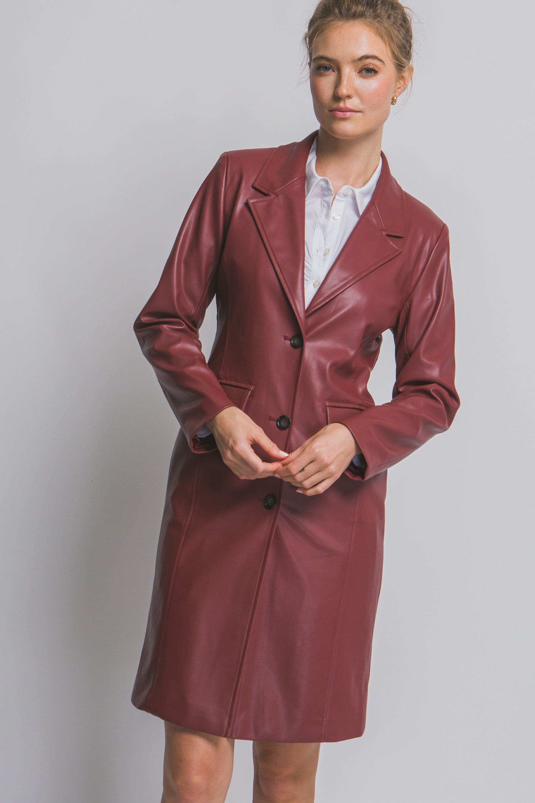 "Empire State" Burgundy Faux Leather Trench Coat