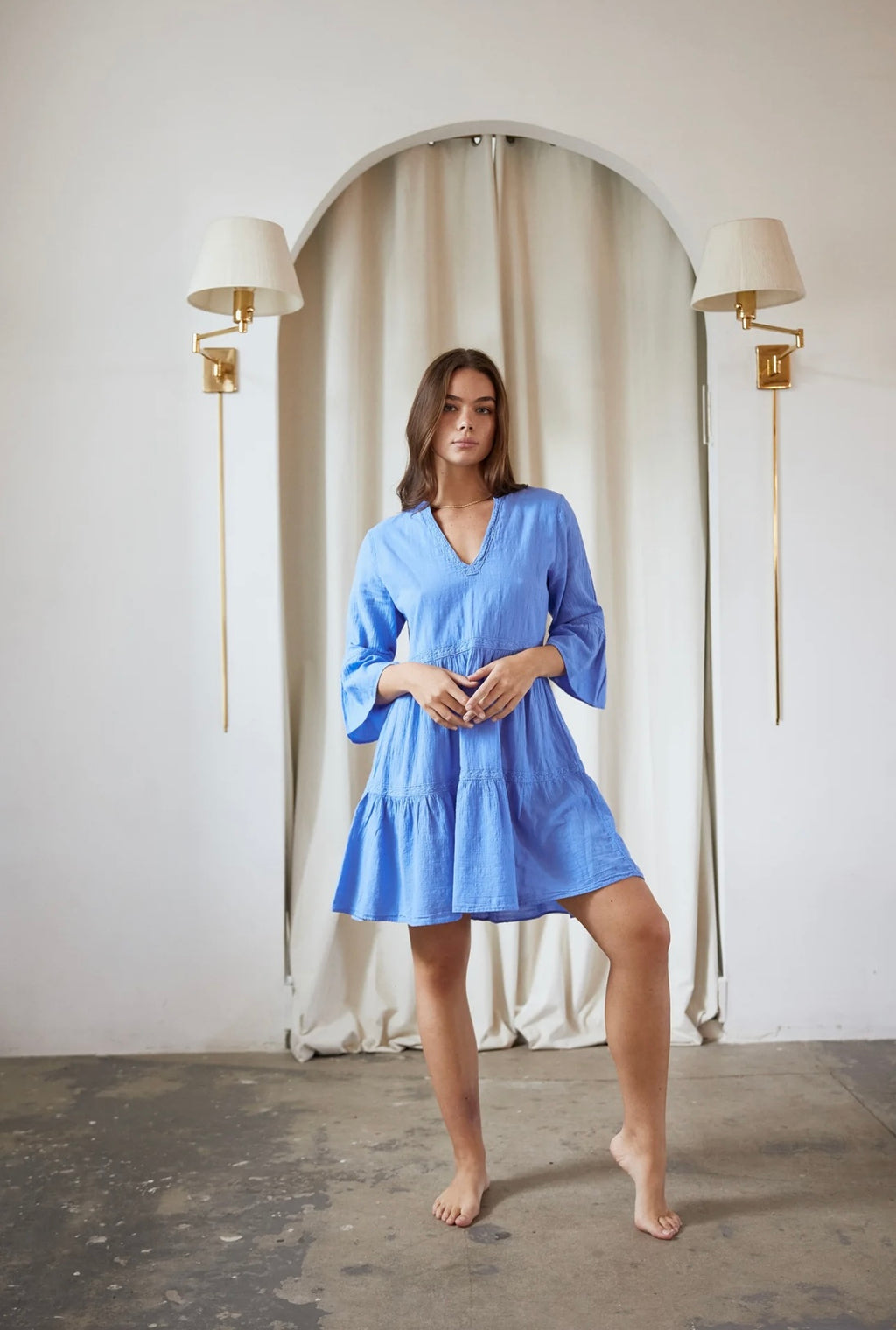 "Newport Weekend" Blue Flare V Neck 3 Quarter Sleeve Dress