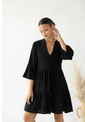 "Newport Weekend" Black Flare V Neck 3 Quarter Sleeve Dress