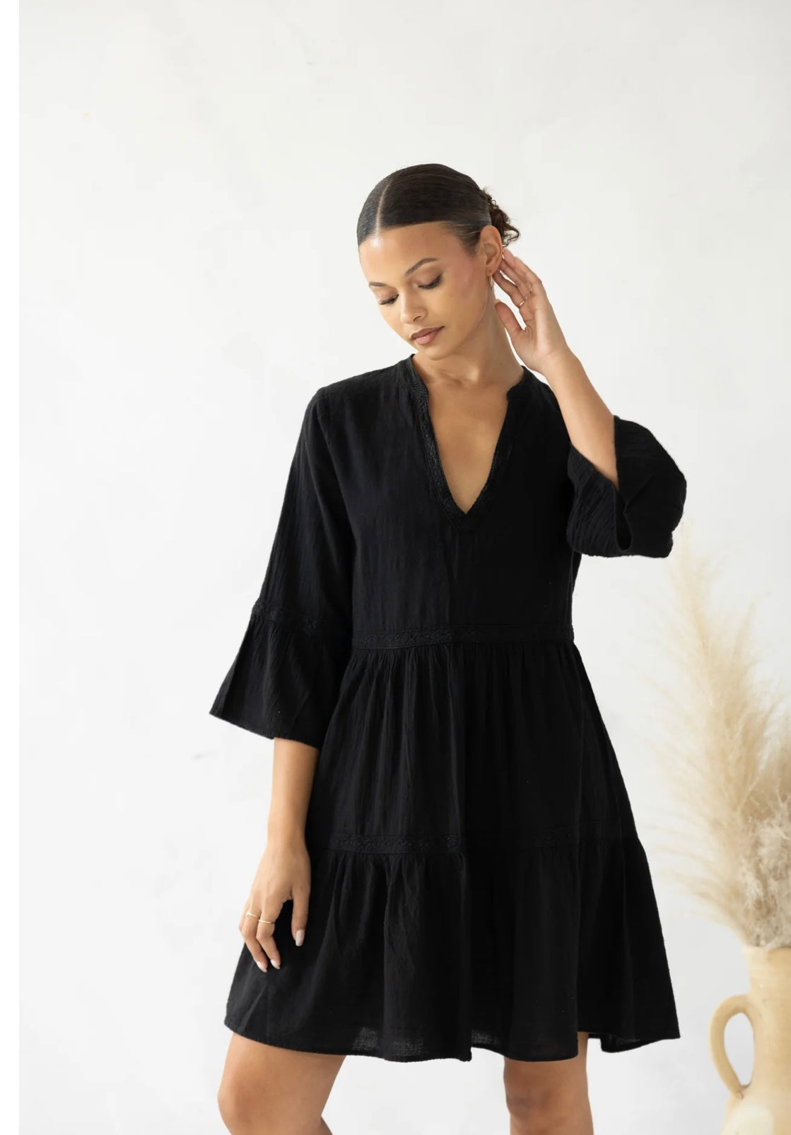 "Newport Weekend" Black Flare V Neck 3 Quarter Sleeve Dress