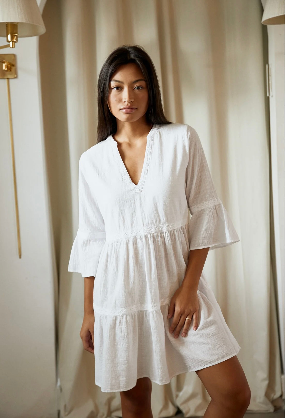 "Newport Weekend" White Flare V Neck 3 Quarter Sleeve Dress