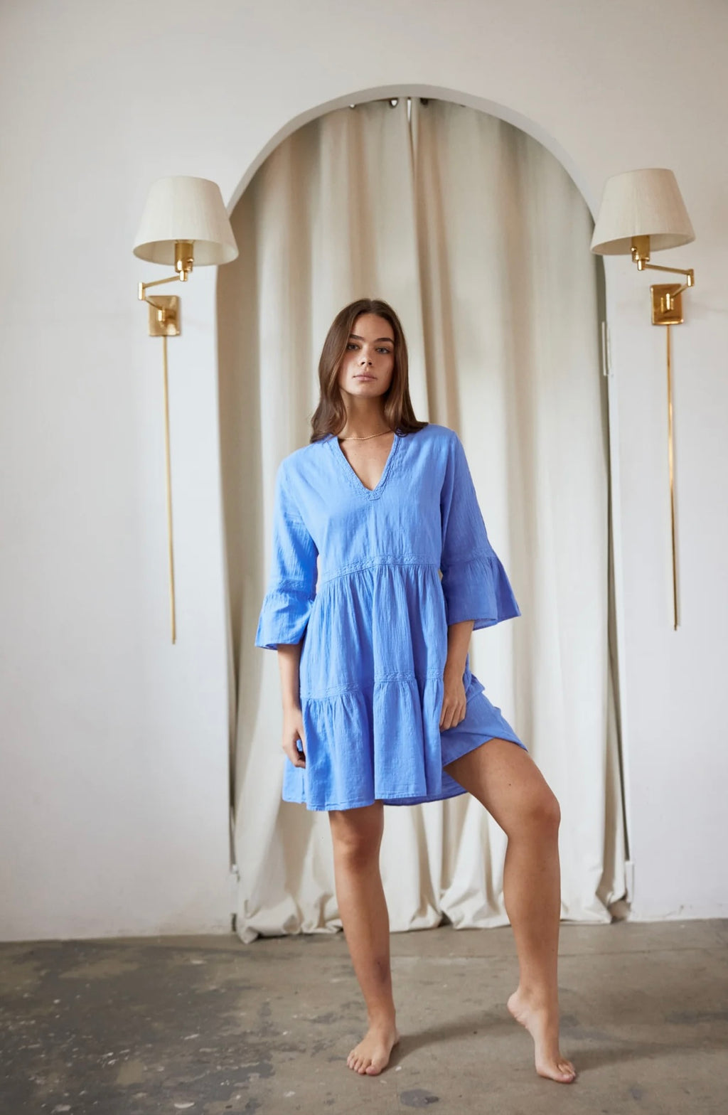 "Newport Weekend" Blue Flare V Neck 3 Quarter Sleeve Dress