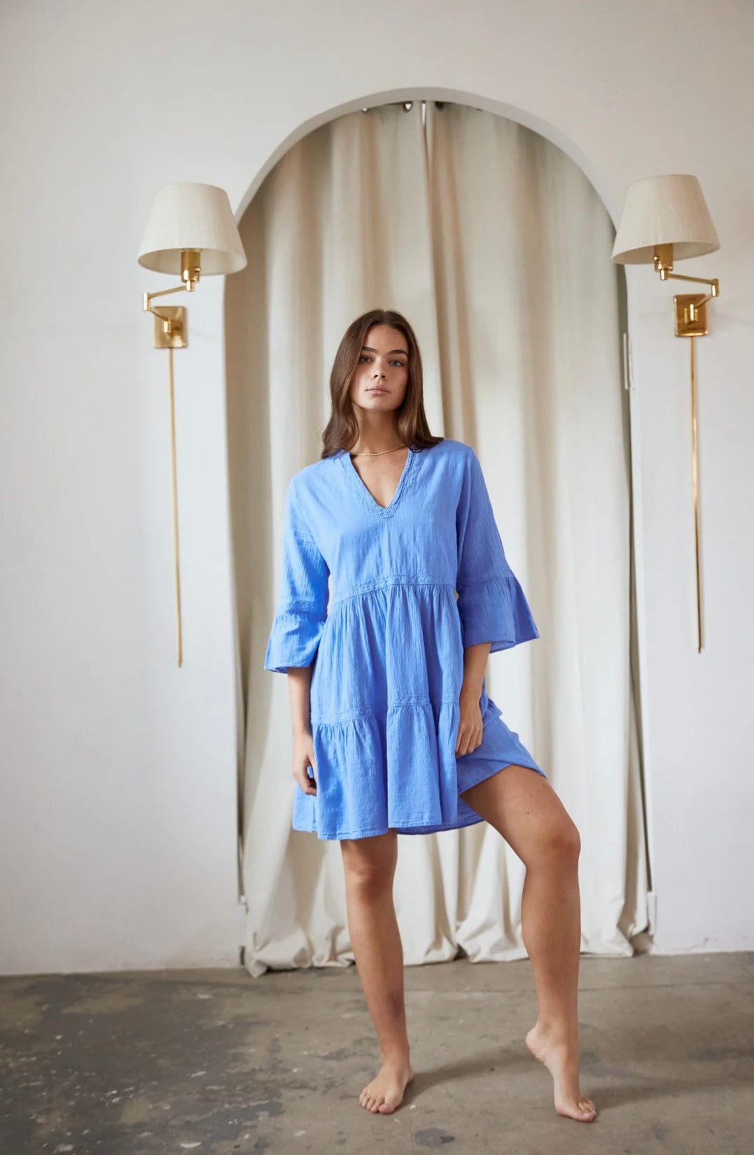 "Newport Weekend" Blue Flare V Neck 3 Quarter Sleeve Dress