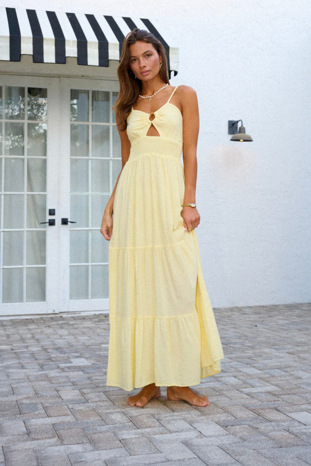 "The Newport" Baby Yellow O-Ring Flare Maxi Dress