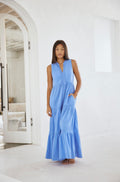 "July Nights" Sleeveless Light Blue Tiered Maxi Dress
