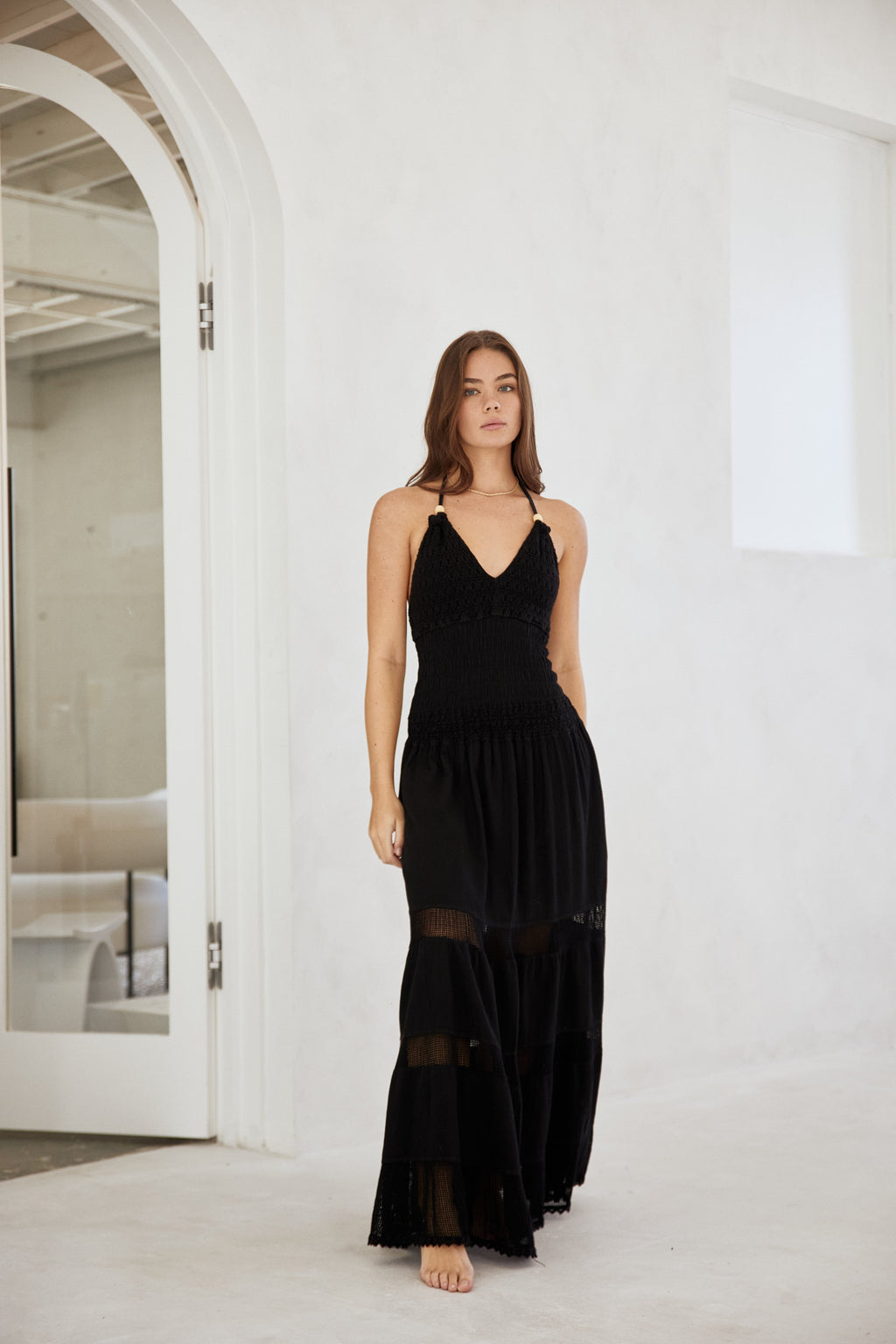 "The Hamptons" Black Flare Halter Maxi Dress w/ Crochet Top Detail