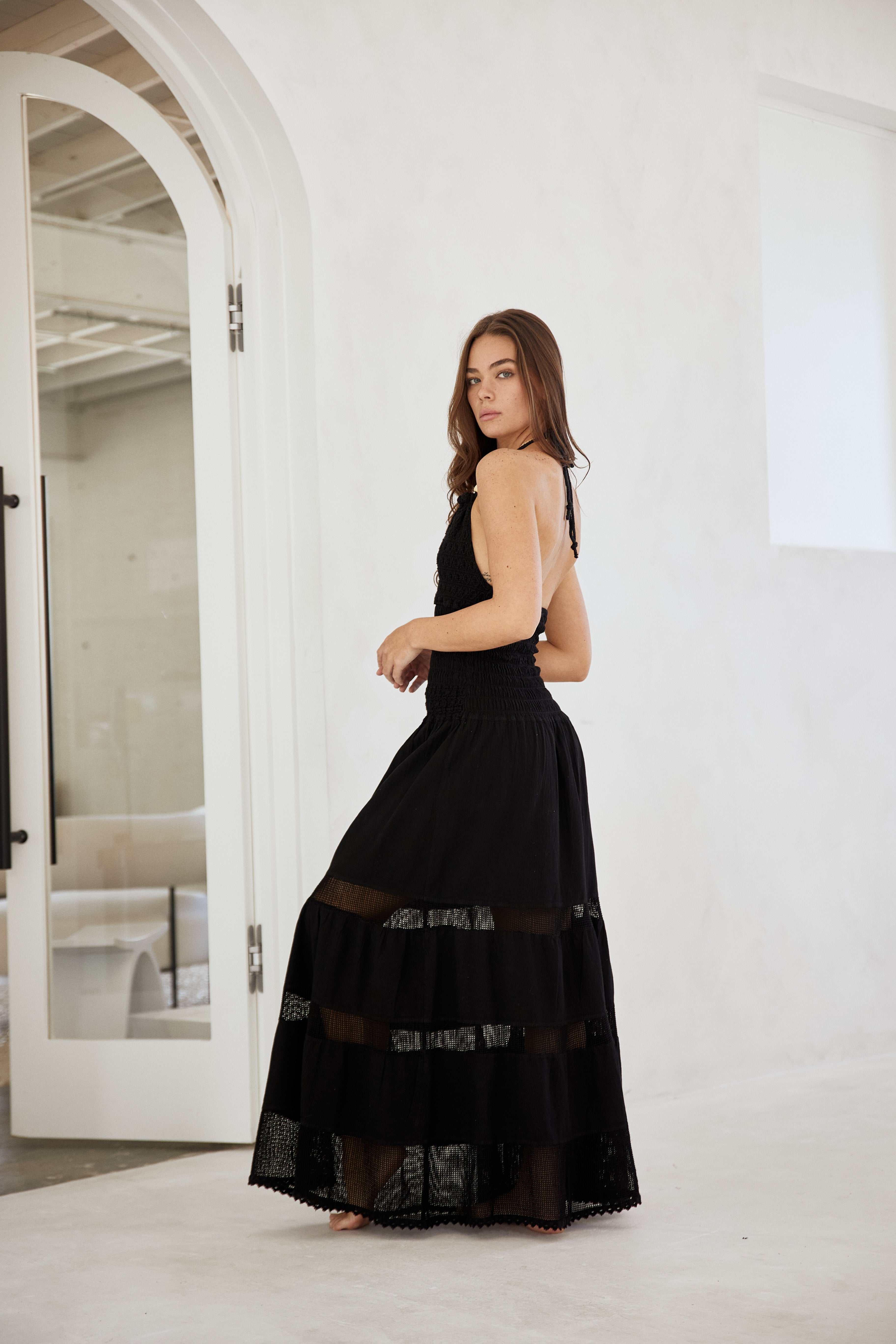 "The Hamptons" Black Flare Halter Maxi Dress w/ Crochet Top Detail