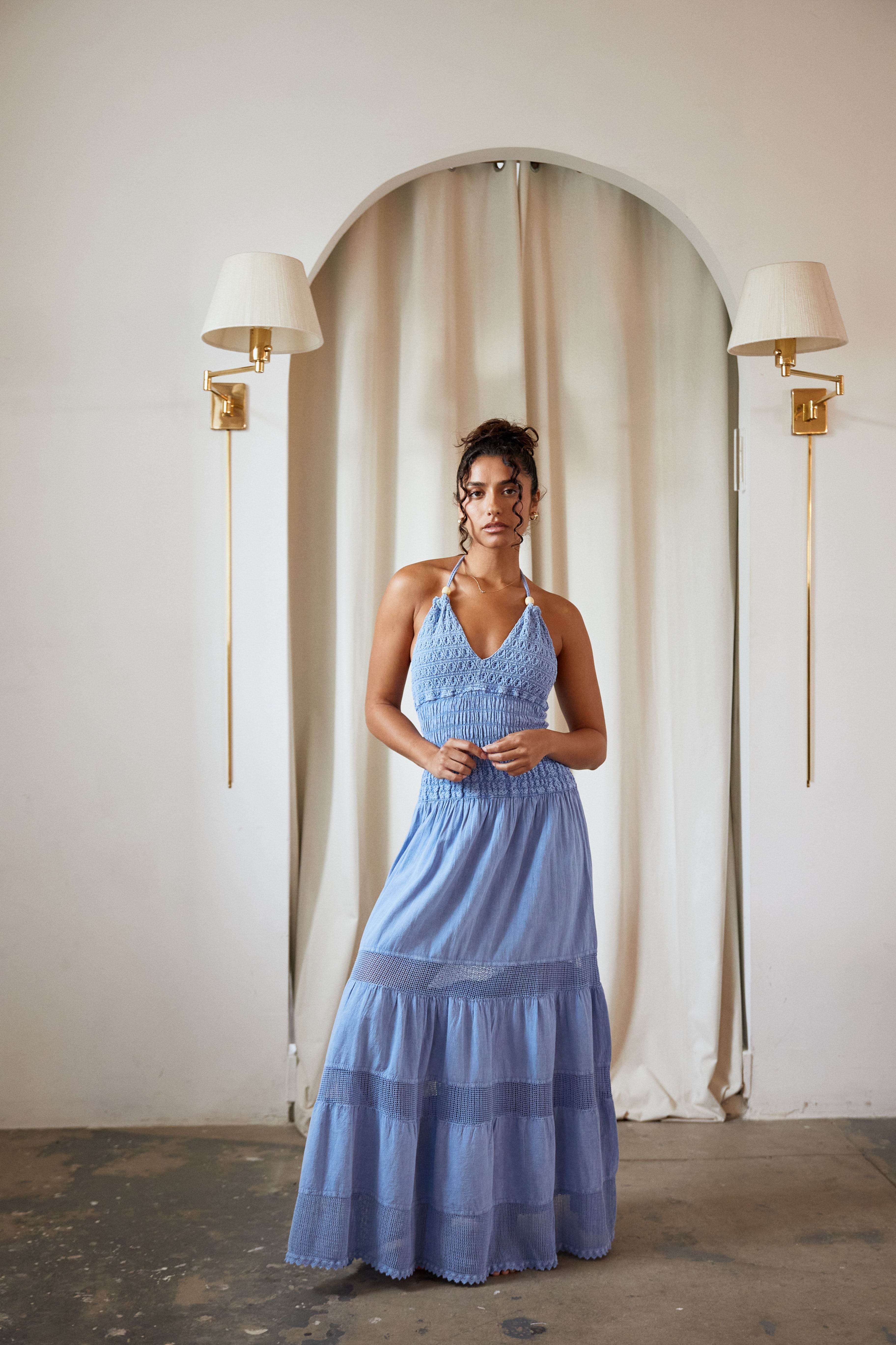 "The Hamptons" Light Blue Flare Halter Maxi Dress w/ Crochet Top Detail