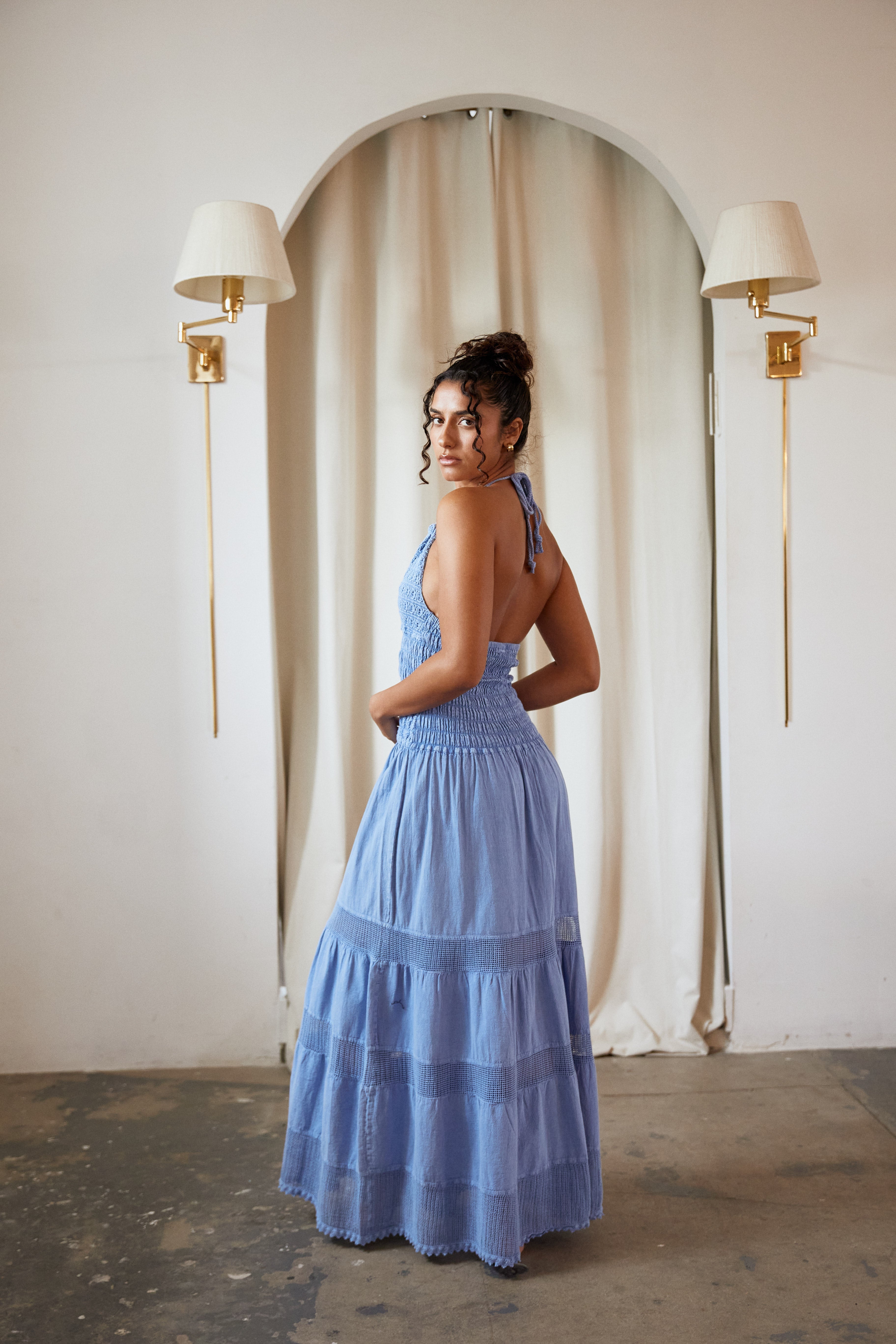 "The Hamptons" Light Blue Flare Halter Maxi Dress w/ Crochet Top Detail