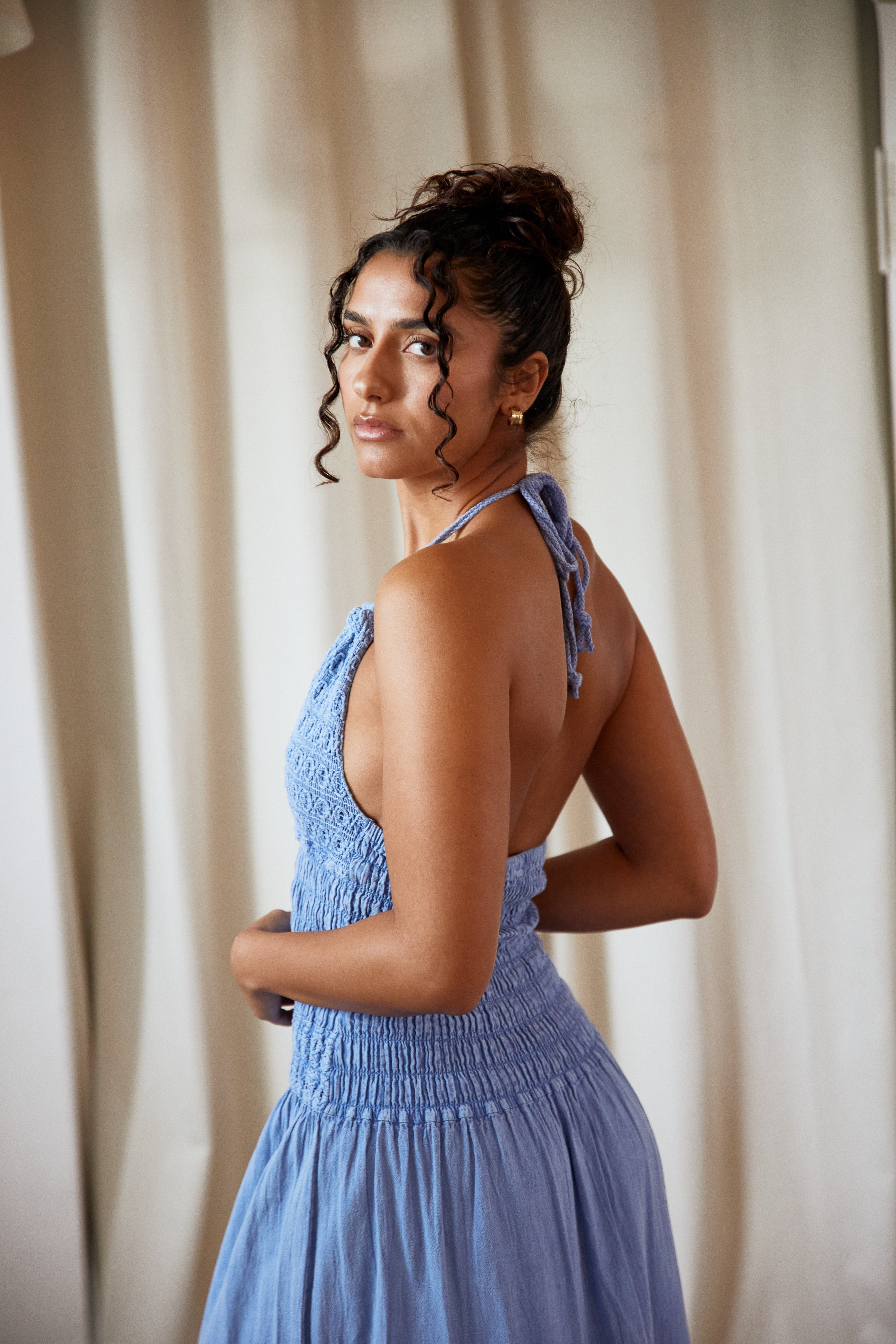 "The Hamptons" Light Blue Flare Halter Maxi Dress w/ Crochet Top Detail