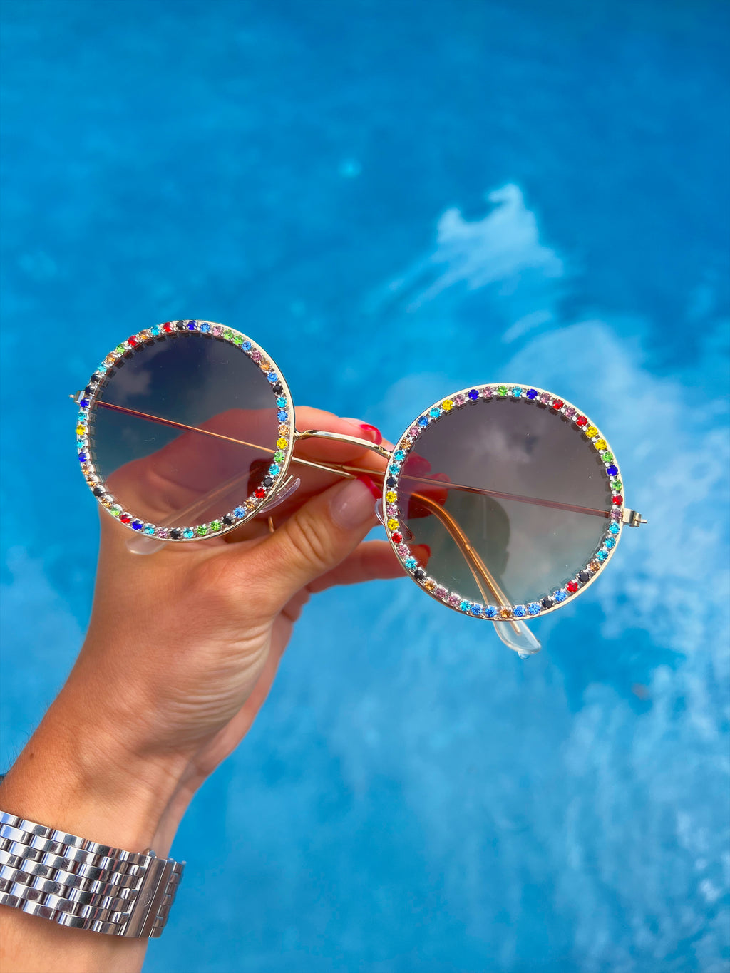 "Sparks Fly" Colorful Gem Round Frame Sunglasses