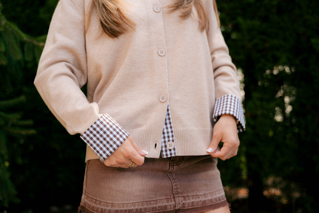 The Gingham Trim Cardigan - Beige