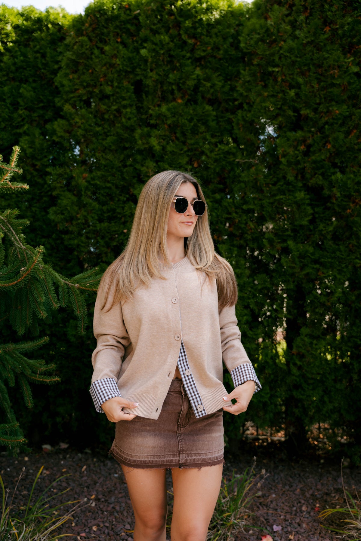 The Gingham Trim Cardigan - Beige