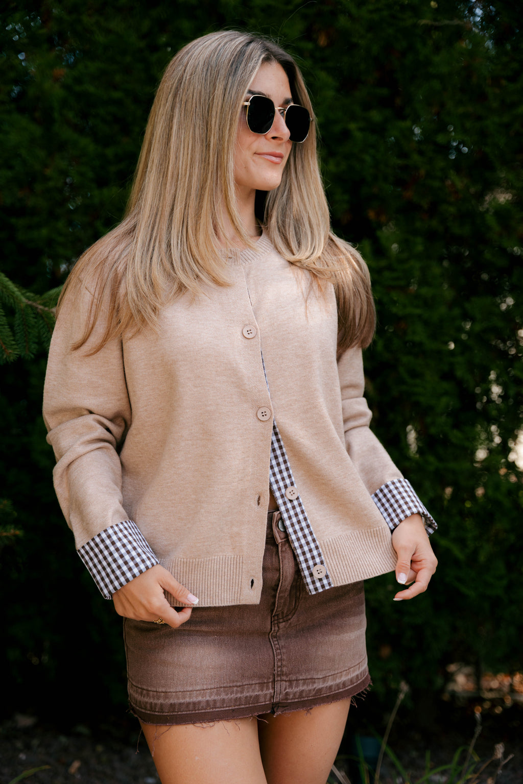 The Gingham Trim Cardigan - Beige